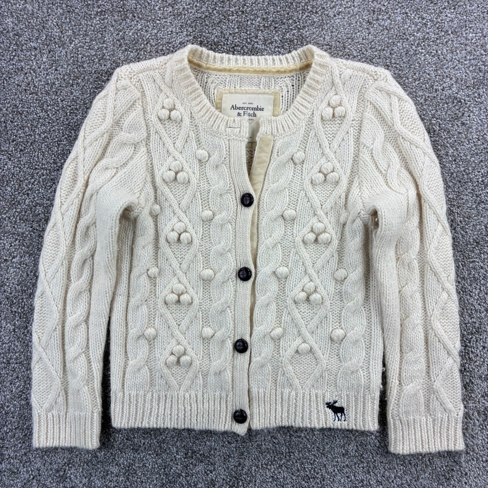 Vintage Y2K Abercrombie & Fitch Cardigan Sweater Medium Cream Cable Knit Bobble